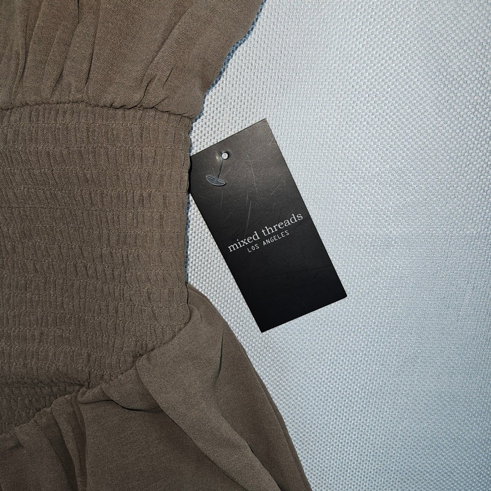 NWT Mixed Threads L A Brown Smocked Shirred Bodice Tie Neck Cami Mini Dress M - Picture 2 of 7